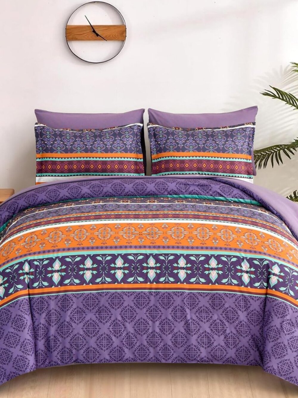 Boho Comforter Set King,7 Pieces Bohemian Striped Purple Bedding Fall